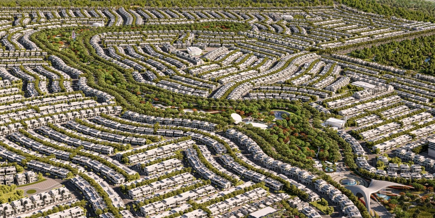 Azizi Florence streets and rooftops from the air, showing the density of the built community.