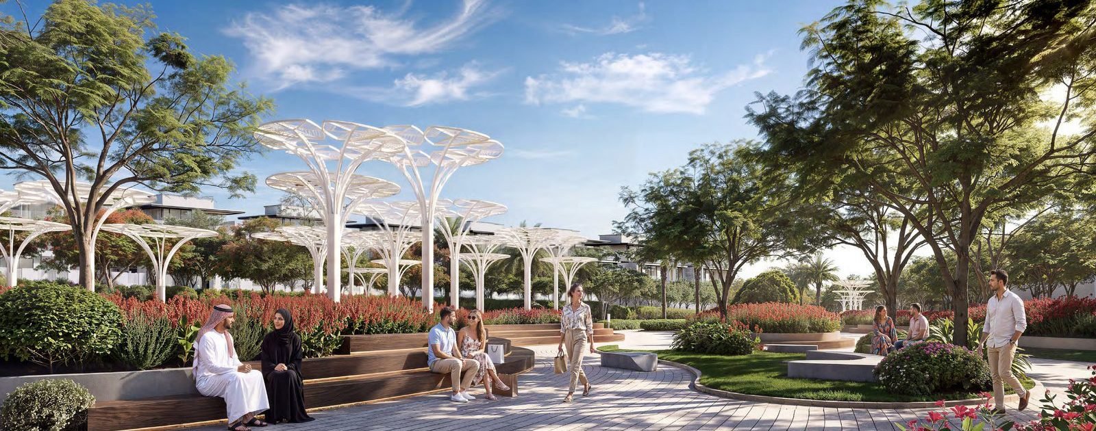 Shaded seating and planting at the park entrance.