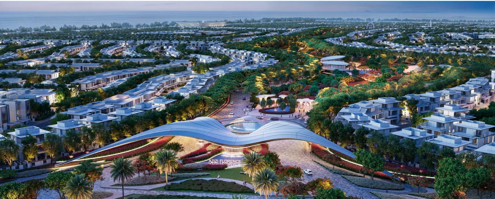 The landscaped spine of Azizi Bardini Park curving between the residential clusters.