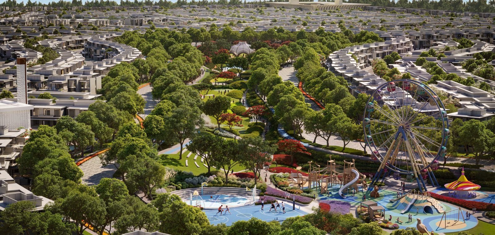 Pools, slides and play courts in the recreation zone.