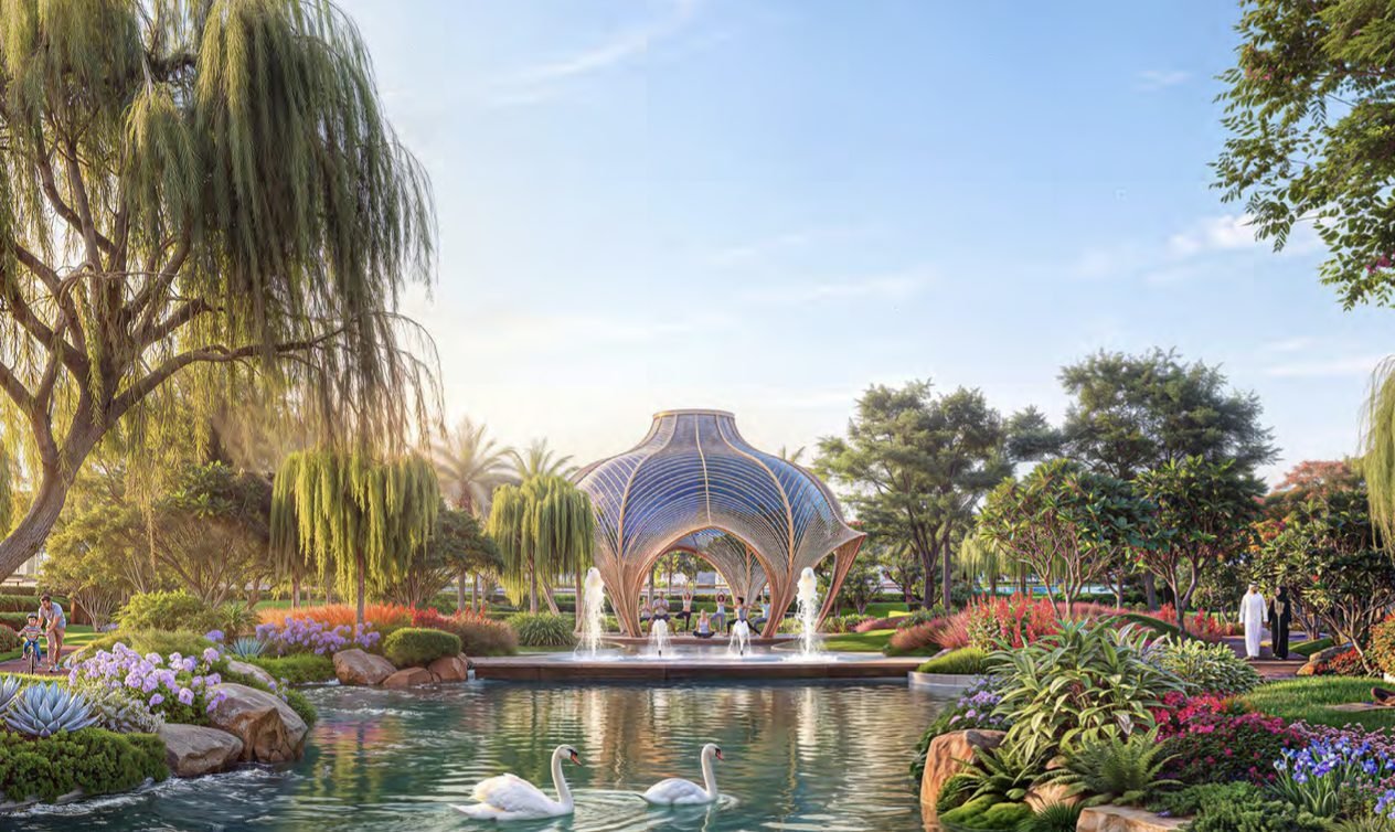 A still water garden with a pavilion at its centre.