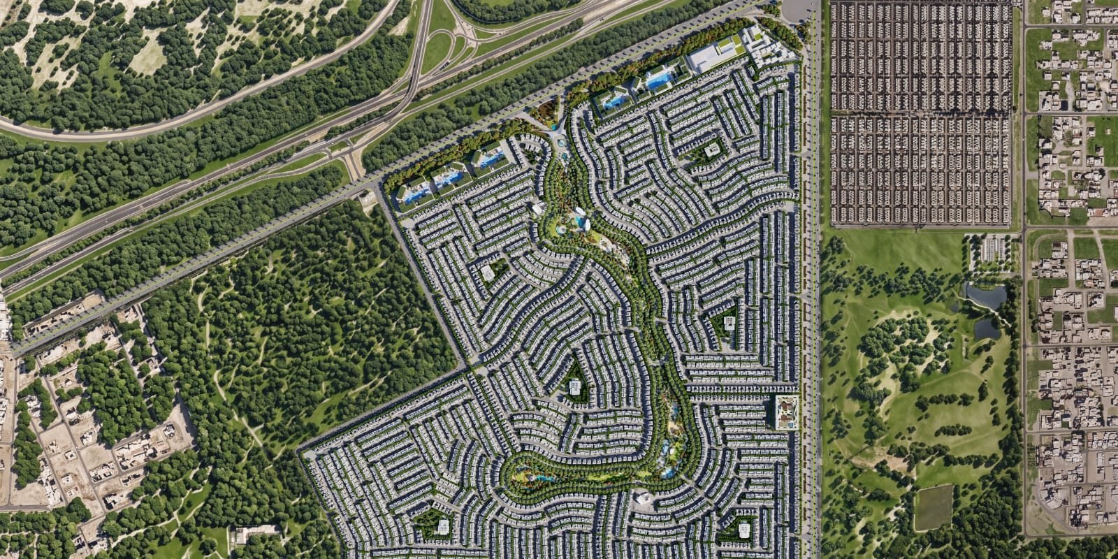 Satellite view of the Azizi Florence site plan, showing the six clusters, the central green spine and the surrounding road network.