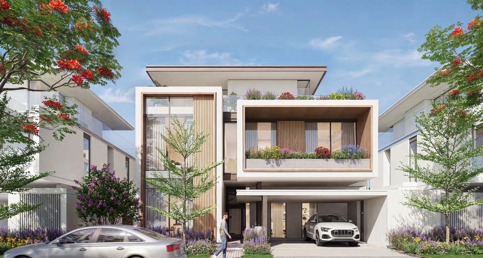 A villa elevation with planted balconies.