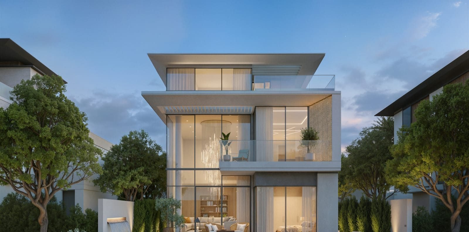 A detached Azizi Florence villa with full-height glazing.